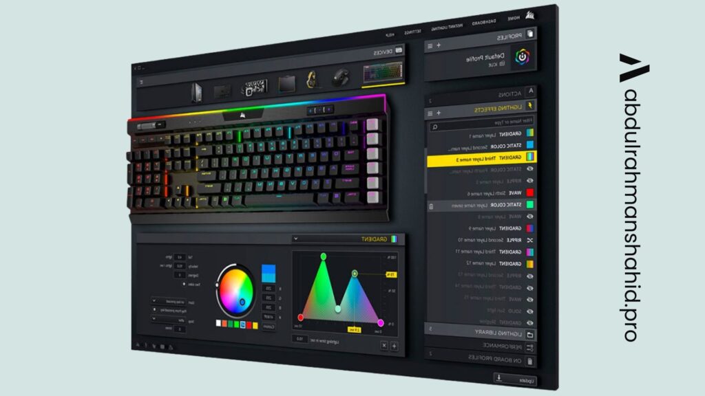Corsair iCUE interface showing device tiles, profile list, and synchronized RGB lighting across keyboard, mouse, and case fans