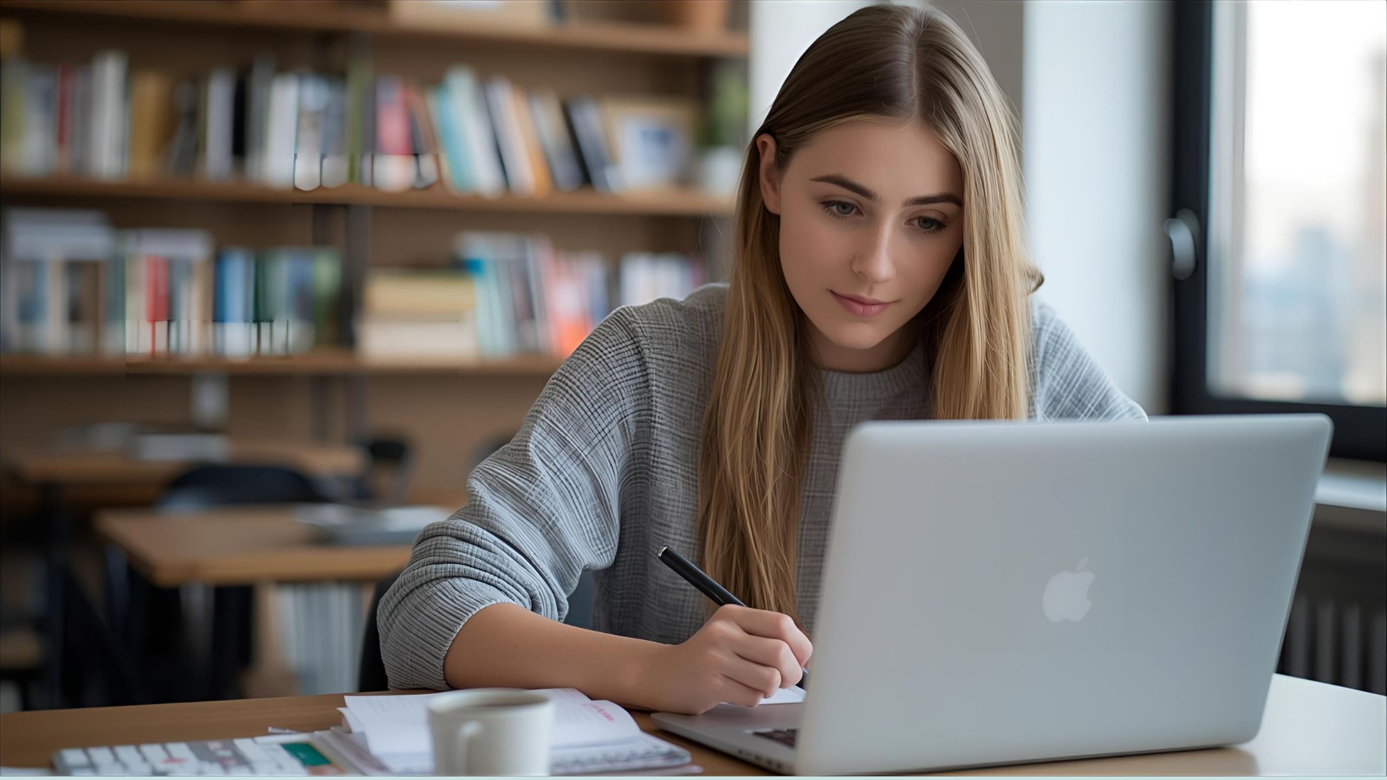 Student writing a statement of purpose for masters on a laptop with notes and coffee