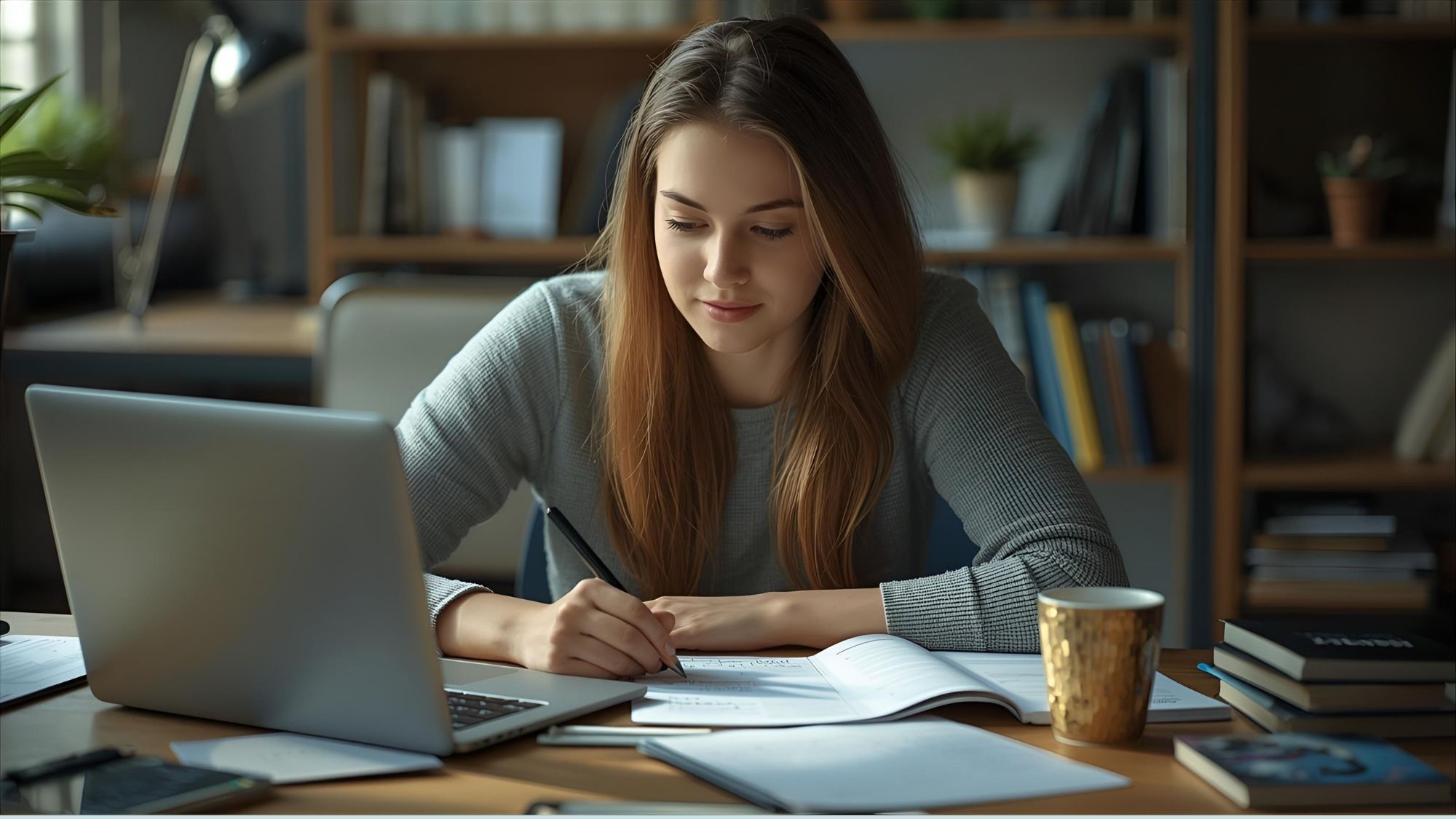 A student composing a motivational letter for scholarship on a laptop with notes